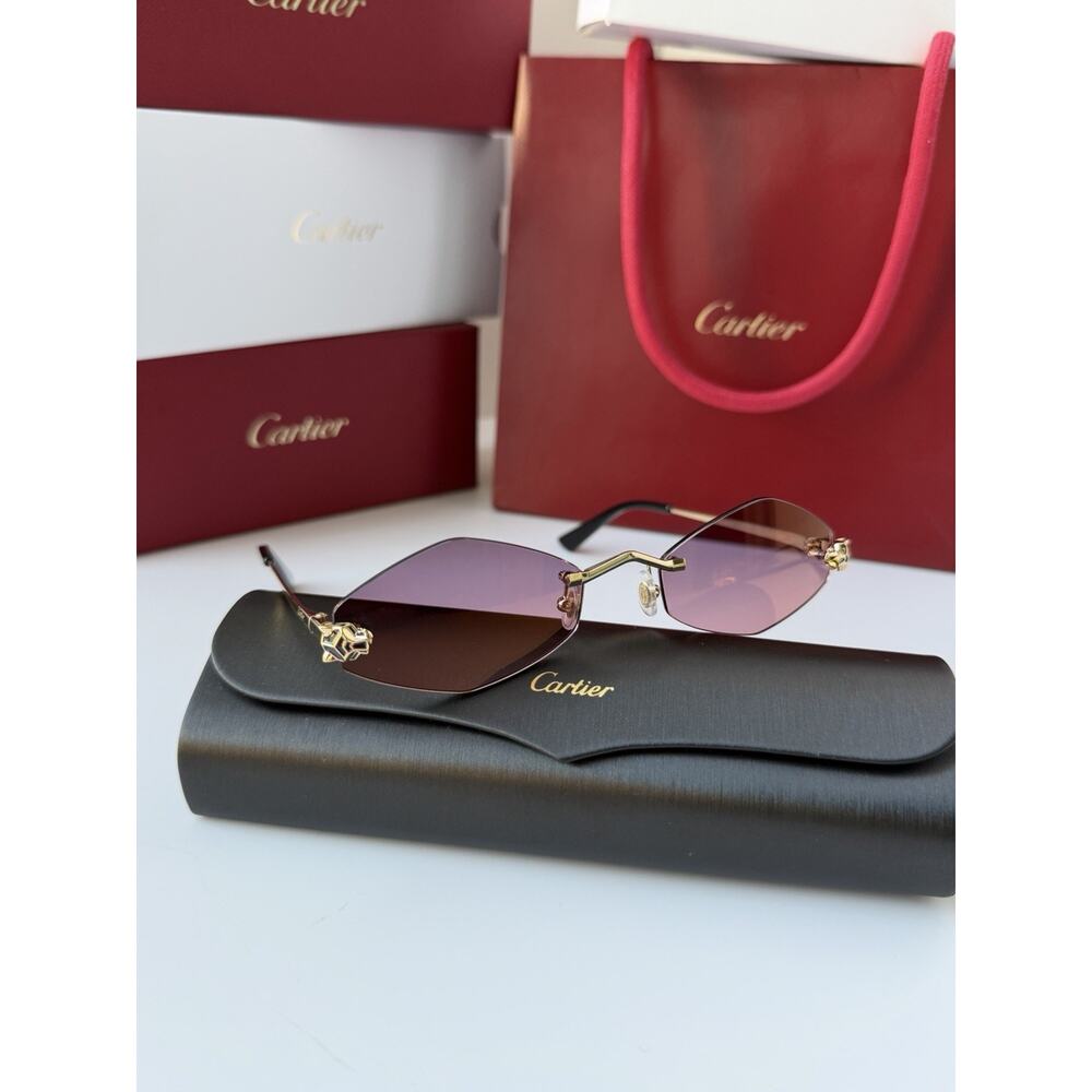 CARTIER Panthere De Cartier Sunglasses CT0433S 004 Gold Violet Lens AUTHENTIC - Picture 2 of 13